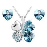 Le Premium® Schmuck-Set vier Blättern Klee Halskette+ohrring Gestüt Herz geformt Swarovski Aquamarine Blau Kristalle -